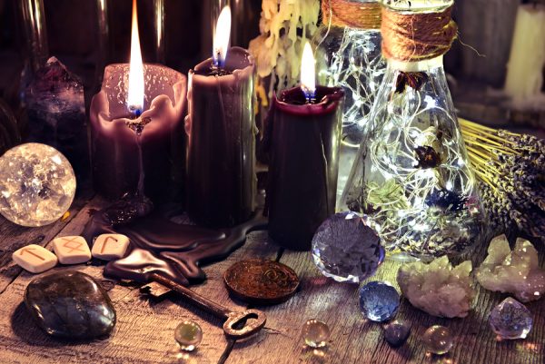 crystals, runes, and candles